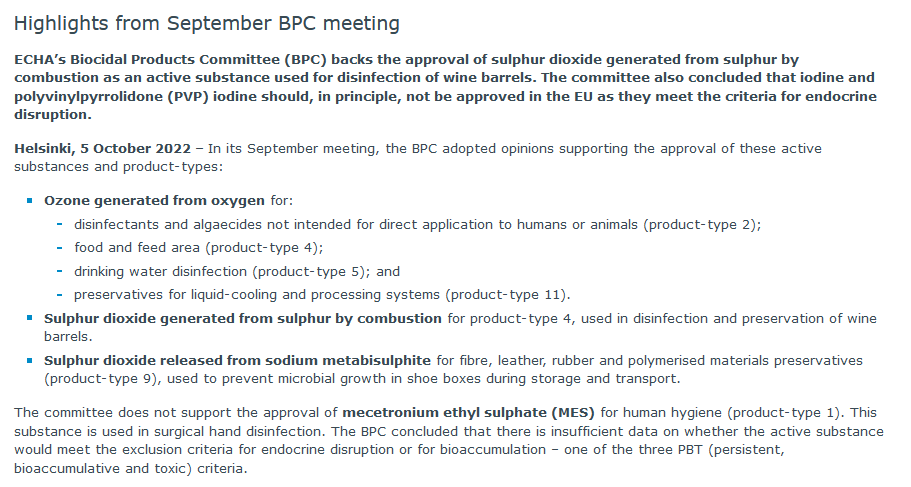 欧盟生物杀灭剂委员会最新评估决议