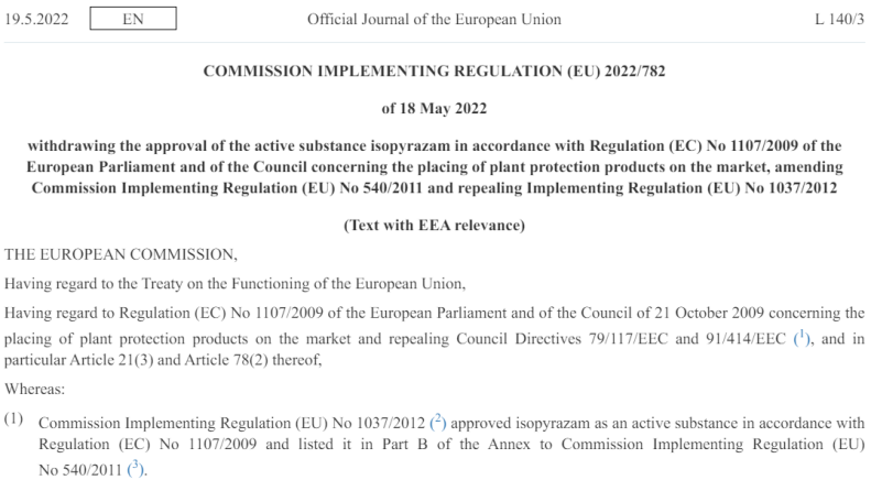 欧盟正式撤销SDHI类杀菌剂吡唑萘菌胺（isopyrazam）活性成分的登记批准
