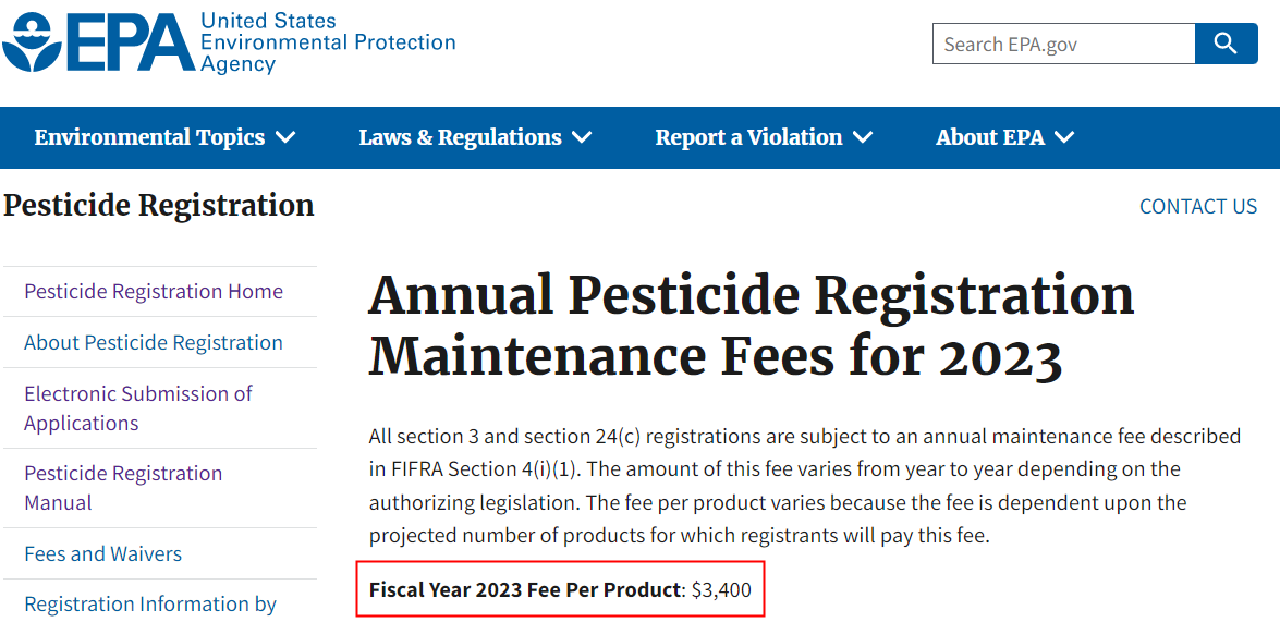 美国EPA农药登记年度维护费