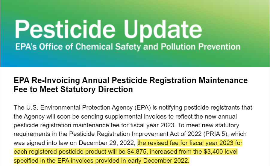 美国EPA农药登记年度维护费追缴