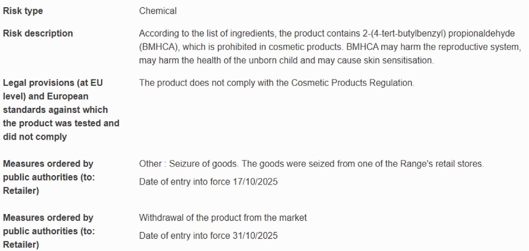 Example 1: Seizure of goods and withdrawal from market for containing BMHCA Example 1: Seizure of goods and withdrawal from market for containing BMHCA