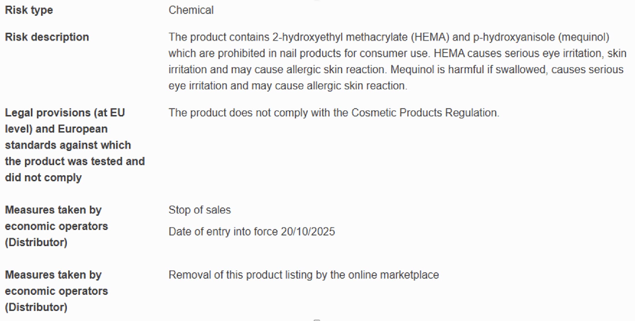Example 4: A nail polish ordered to stop sales due to containing prohibited ingredients Example 4: A nail polish ordered to stop sales due to containing prohibited ingredients