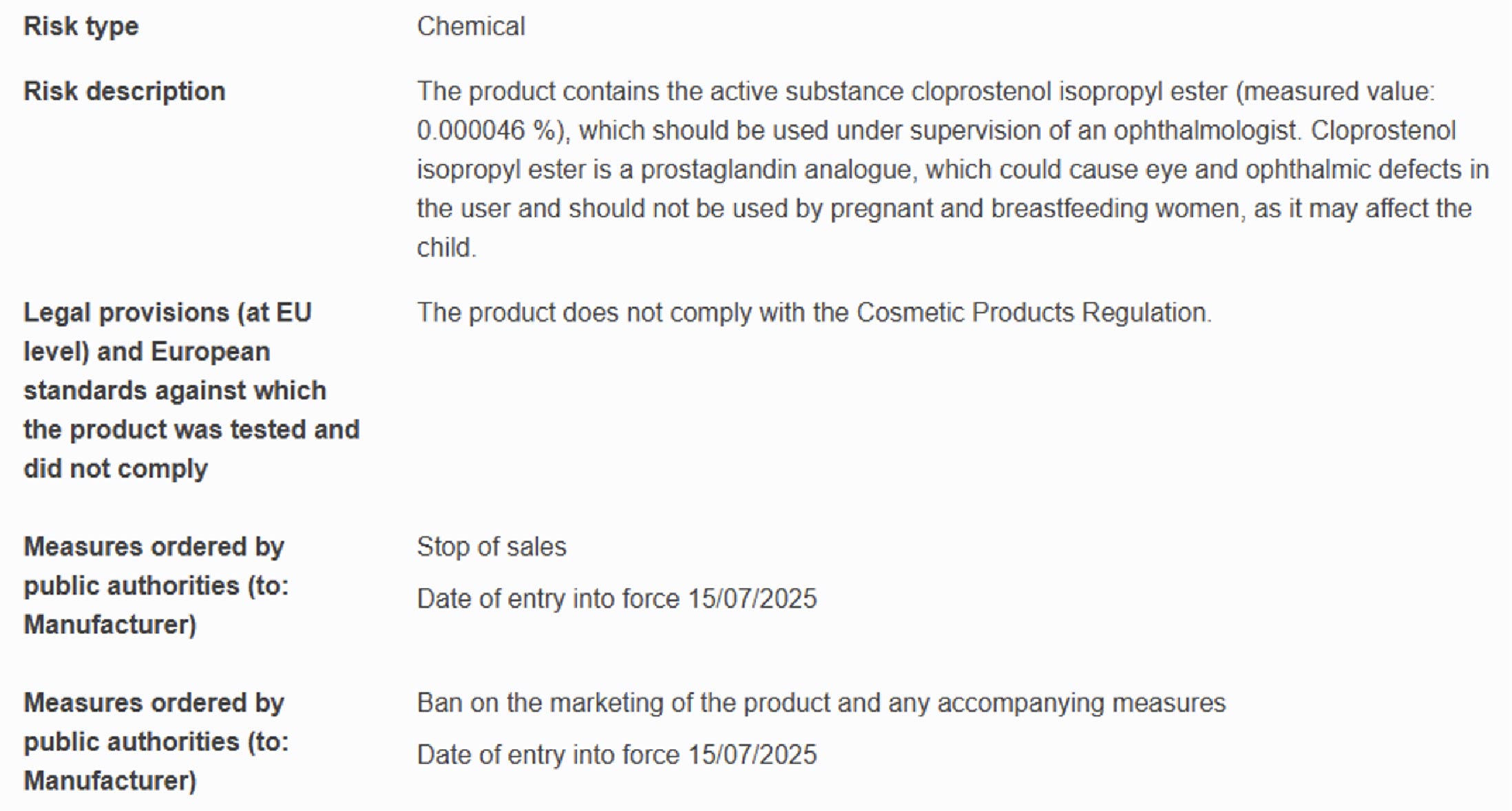 Example 5: An eyelash serum ordered to stop sales due to containing a prostaglandin analogue Example 5: An eyelash serum ordered to stop sales due to containing a prostaglandin analogue