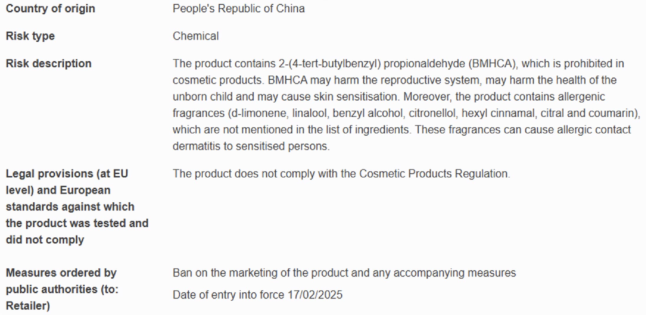Example 8: A product banned from marketing due to missing allergen information Example 8: A product banned from marketing due to missing allergen information