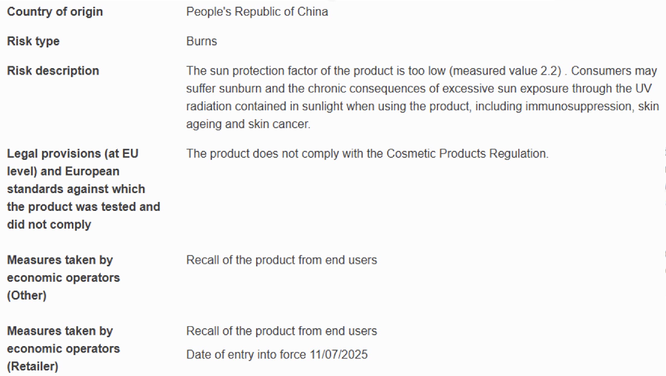 Example 9: A sunscreen product recalled due to inadequate sun protection Example 9: A sunscreen product recalled due to inadequate sun protection