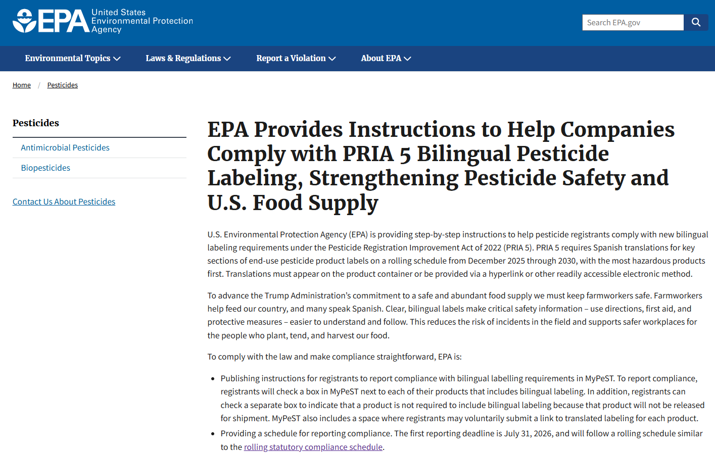 U.S. EPA Clarifies MyPeST Bilingual Label Requirements