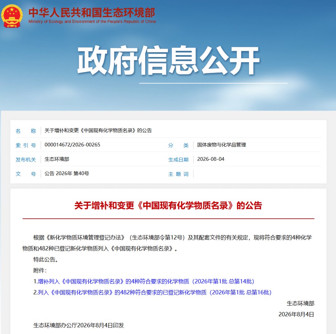 中国现有化学物质名录增补物质